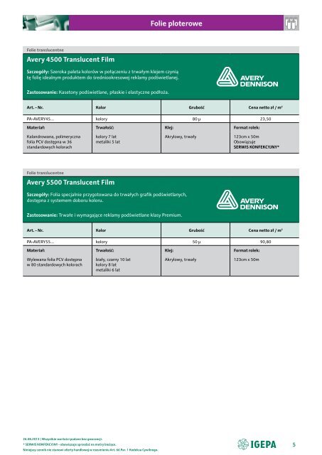 Cennik Igepa folie ploterowe 2013