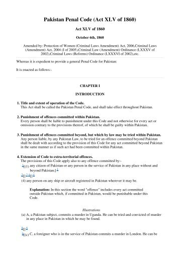 Pakistan Penal Code (Act XLV of 1860) - VERTIC