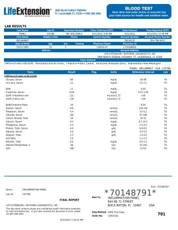 Inflammation Panel Sample Report - Life Extension Foundation