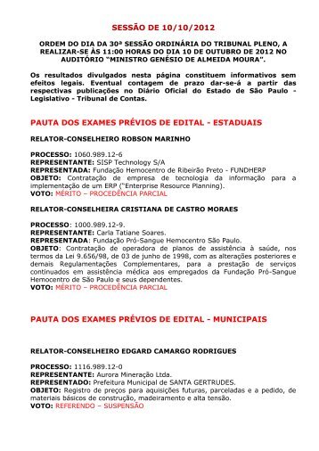 sessÃ£o de 10/10/2012 pauta dos exames prÃ©vios de edital