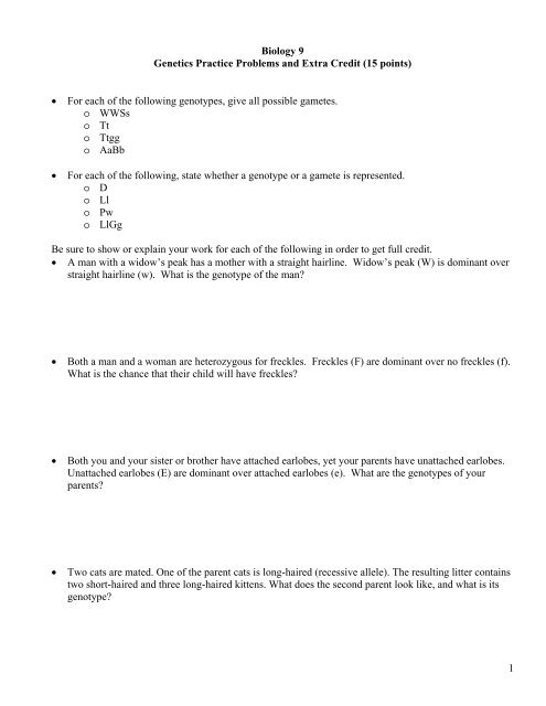 1 Biology 9 Genetics Practice Problems And Extra Fog Ccsf Edu