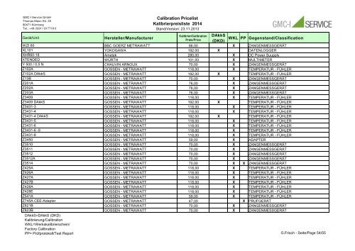 Calibration Price List - GMC-I Service GmbH