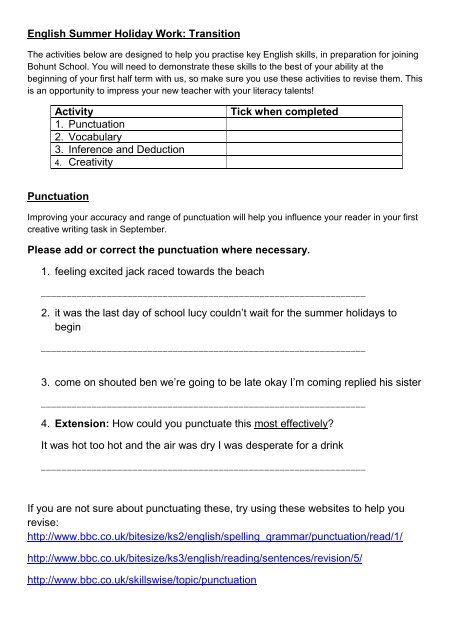 English Summer Holiday Work: Transition Activity ... - Bohunt School