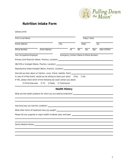 Nutrition Intake Form - Pulling Down the Moon