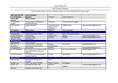 2013 Calendar - Slalom NZ