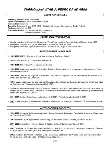 CURRICULUM VITAE de PEDRO DAVID ARINI - IAM - Conicet