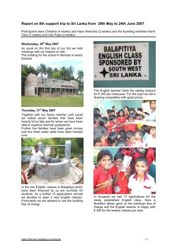 Report on 8th support trip to Sri Lanka from 29th May to 24th June ...