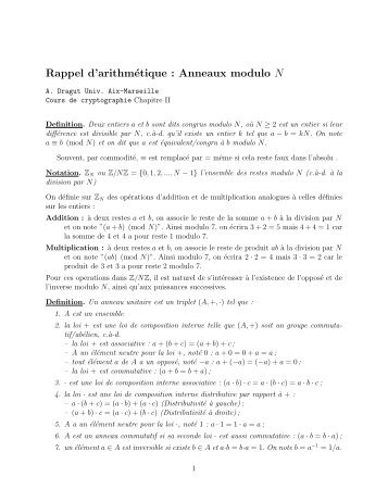 Cours Crypto Rappel Anneaux modulo