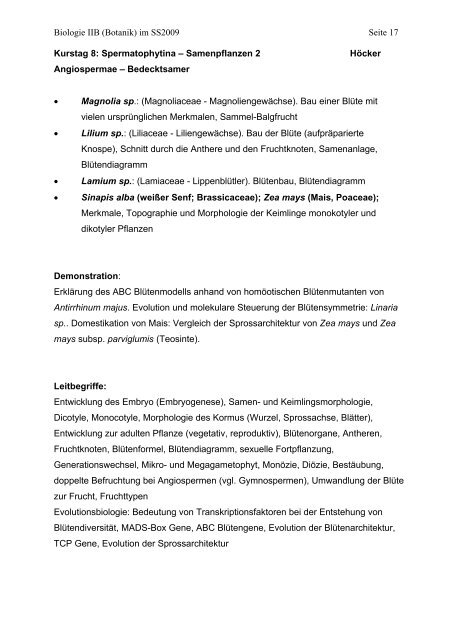 Modul Biologie II/B: Evolution, Entwicklung und Systematik der ...