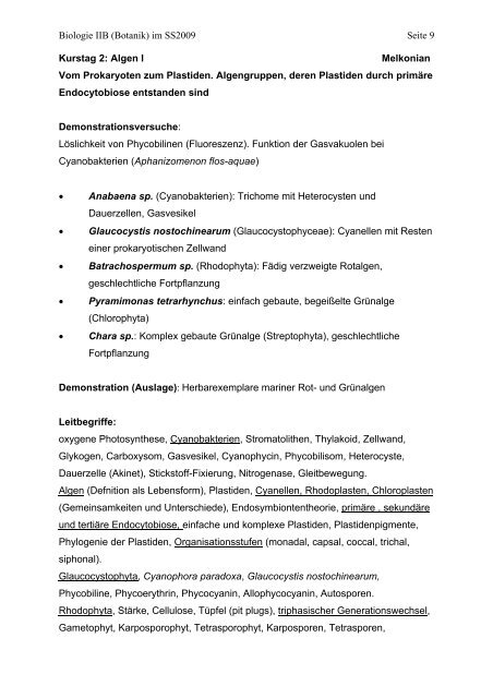 Modul Biologie II/B: Evolution, Entwicklung und Systematik der ...