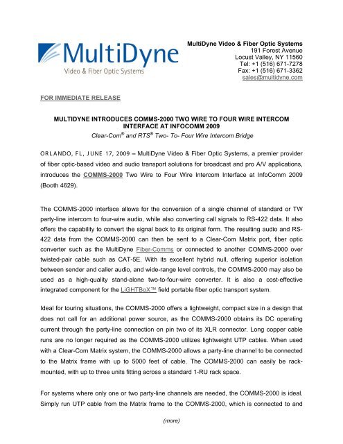 Data Sheet for COMMS-2000 - Multidyne