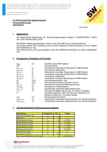 KLÃRTECHNISCHE BERECHNUNG KompaktklÃ¤ranlage SW ...