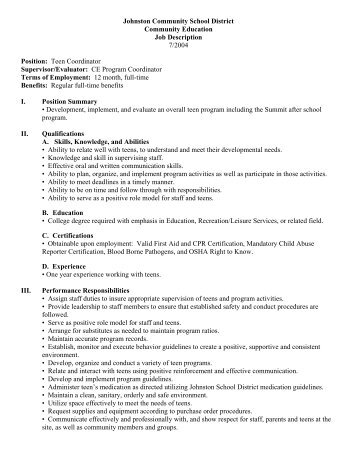 Teen Coordinator Job Description - Johnston Community School ...