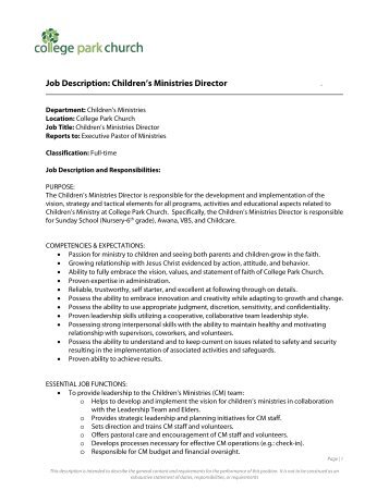 Job Description: Children's Ministries Director . - College Park Church