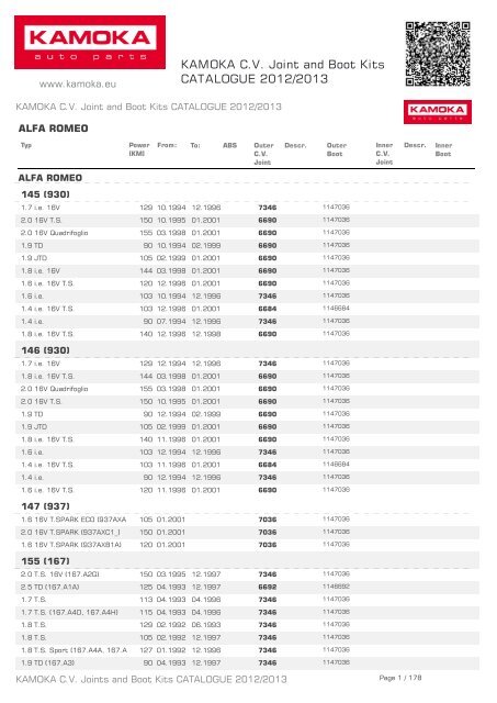 KAMOKA C.V. Joint and Boot Kits CATALOGUE 2012/2013 - Ramot