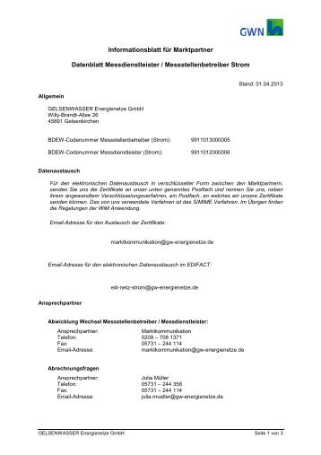 Informationsdatenblatt für Messstellenbetreiber und Messdienstleister