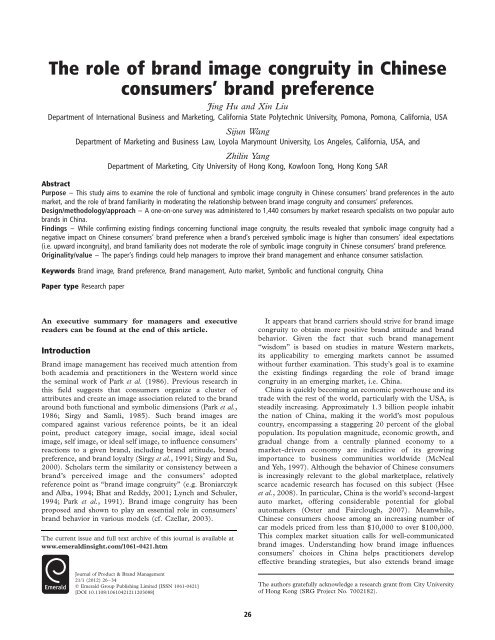 The role of brand image congruity in Chinese consumers ... - Emerald