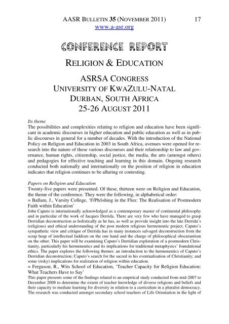 AASR Bulletin 35 - The African Association for the Study of Religions