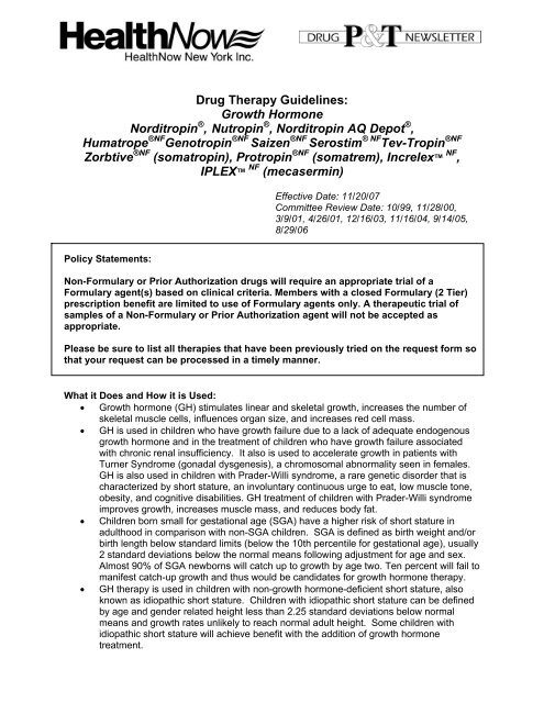 Drug Therapy Guidelines: Growth Hormone Norditropin , Nutropin ...