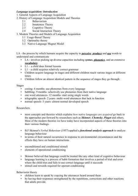 Language acquisition: Introduction 1. General Aspects of Language ...