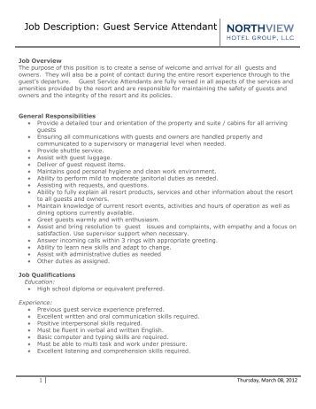 job description attendant guest crest eagle resort service