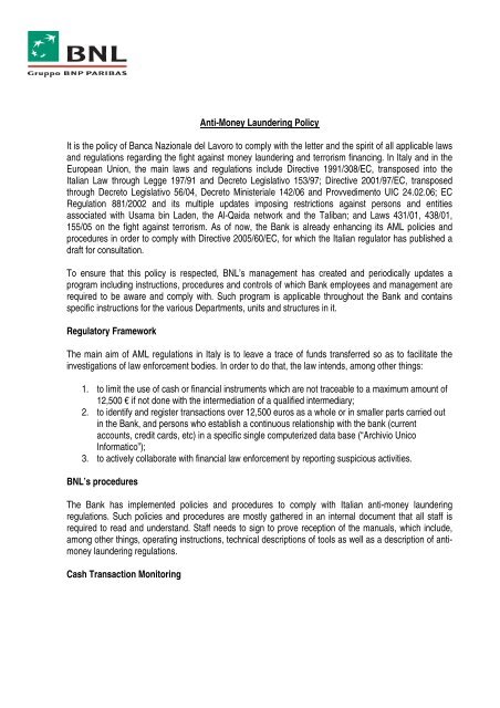 Anti Money Laundering Policy It Is The Policy Of Banca Bnl