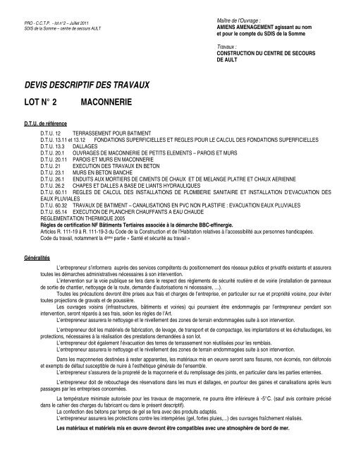 DEVIS DESCRIPTIF DES TRAVAUX LOT NÂ° 2 MACONNERIE