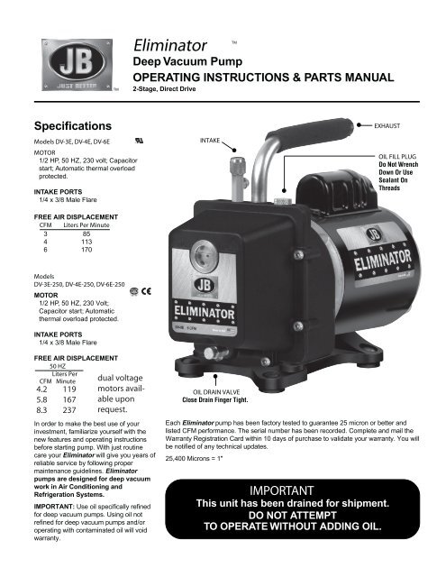 Eliminator Deep Vacuum Pump - JB Industries, Inc.