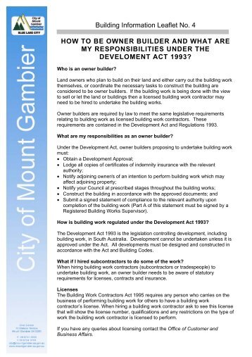 Building Information Leaflet 4 - Owner Builder - City of Mount Gambier