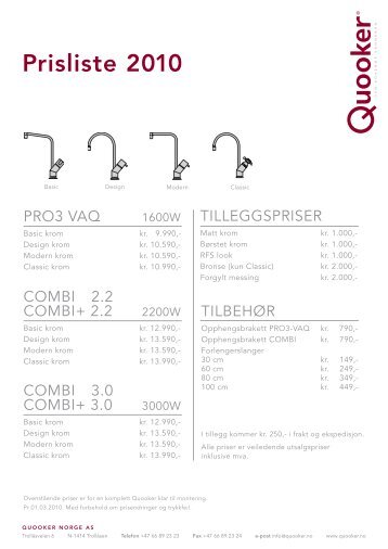 Quooker prisliste 2010 - Produktfakta