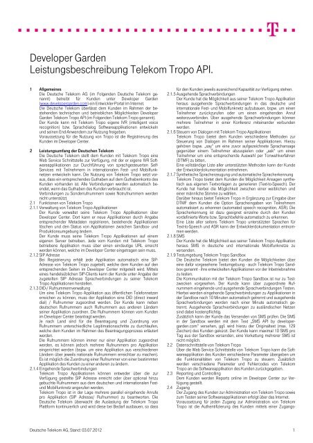 Developer Garden Leistungsbeschreibung Telekom Tropo API.