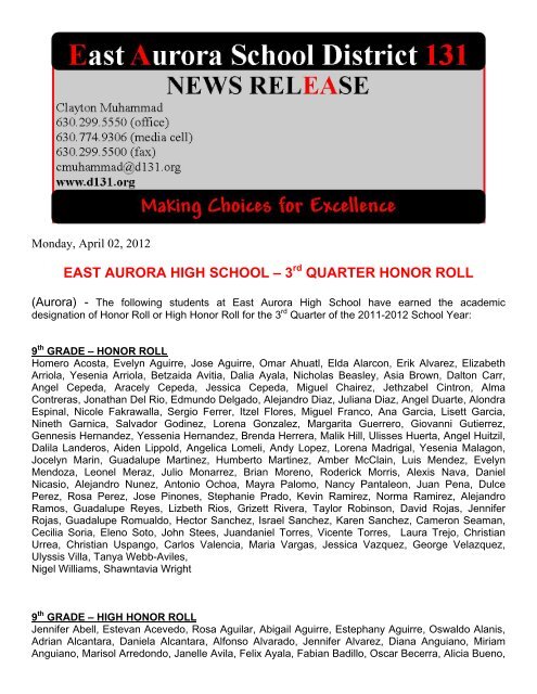 3 quarter honor roll - East Aurora School District #131