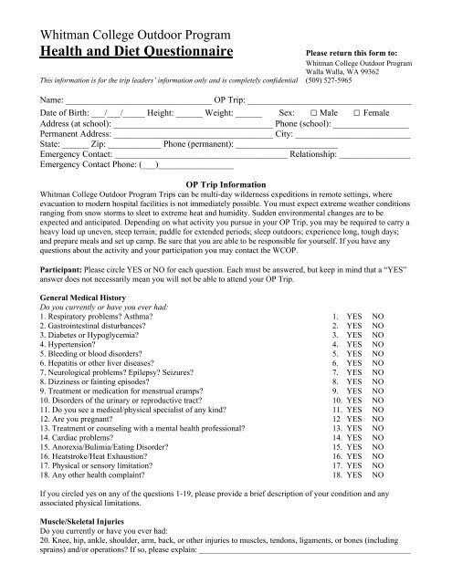 Health & Diet Questionnaire - Whitman College