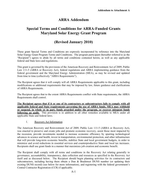 ARRA Addendum Special Terms and Conditions for ARRA-Funded