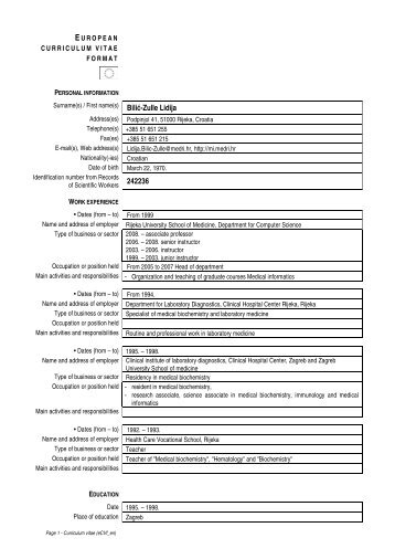 EUROPEAN CURRICULUM VITAE FORMAT Surname(s) / First ...