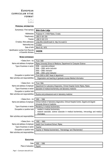 EUROPEAN CURRICULUM VITAE FORMAT Surname(s) / First ...