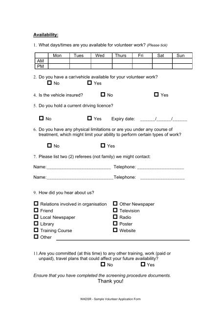 WADSR - Sample Volunteer Application Form - VicSport