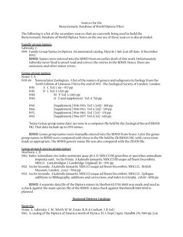 Sources for the Biosystematic Database of World Diptera (Flies) The ...