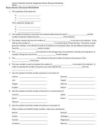 Honors Chemistry Summer Assignment Atomic Structure Worksheet ...