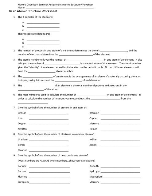 Honors Chemistry Summer Assignment Atomic Structure Worksheet
