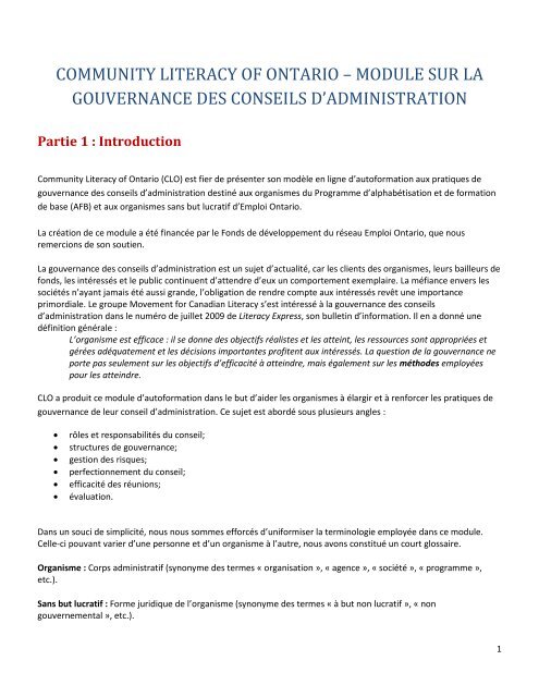 Module sur la gouvernance des conseils d'administration - Base de ...