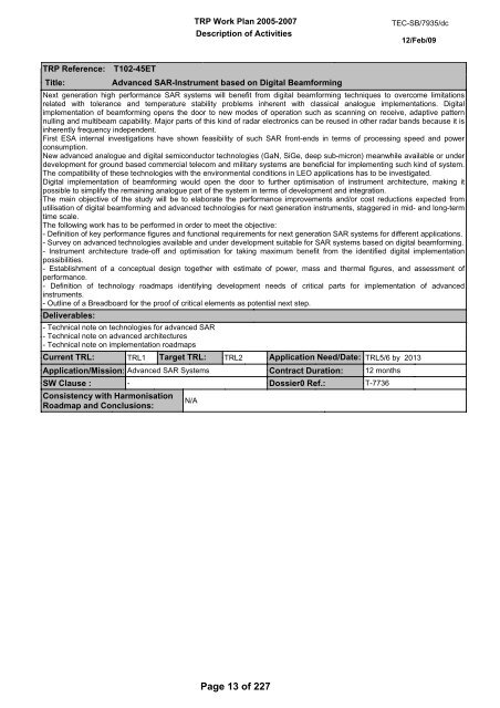 document title / titre du document TRP W ORK PLAN ... - emits - ESA