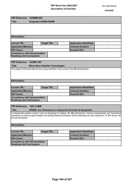 document title / titre du document TRP W ORK PLAN ... - emits - ESA