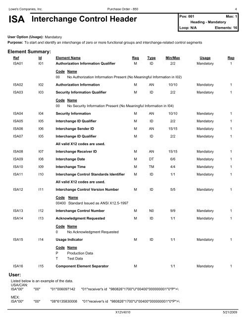 850 Purchase Order - LowesLink