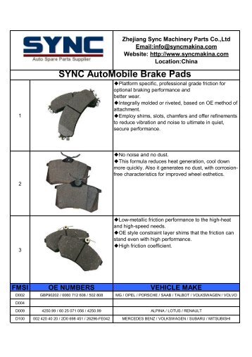 SYNC AUTOMOBILE Brake Pad CATALOGUE