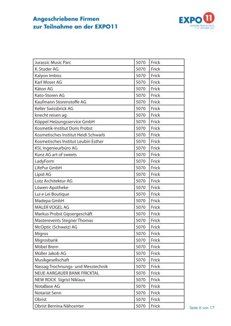Angeschriebene Firmen zur Teilnahme an der EXPO11 - beim ...