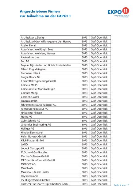 Angeschriebene Firmen zur Teilnahme an der EXPO11 - beim ...