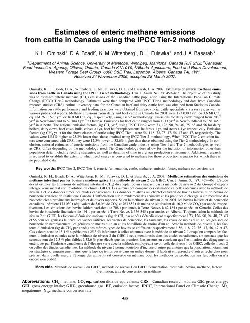 Estimates of enteric methane emissions from cattle in Canada using ...