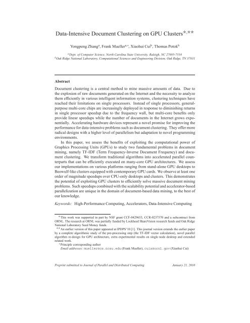 Data-Intensive Document Clustering on GPU Clusters,