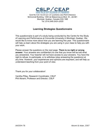 Learning Strategies Questionnaire (2007) - Concordia University